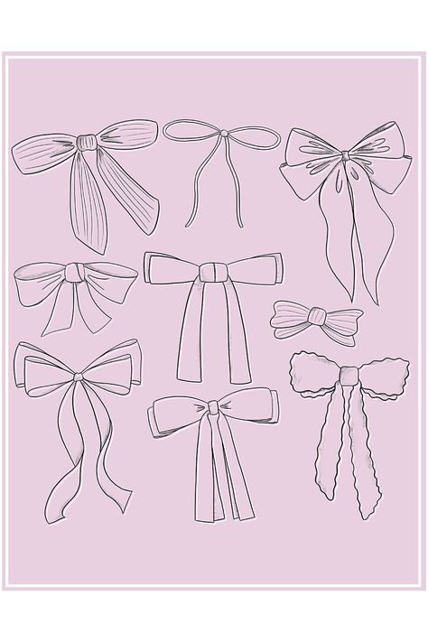 Bow aesthetic drawing illustration. Hand drawn hair ribbon bows, cute vintage coquette fashion bows, girl nursery print Different Bow Styles, Hair Ribbon Drawing Reference, Ribbon Drawing Tutorial, Hair Bow Drawing, Bows Sketches, How To Draw Coquette Bow, Bow Drawing Ribbon, Coquette Ribbon Drawing, Coquette Bow Drawing