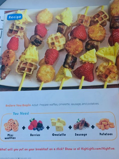 Breakfast on a stick from Highlights High Five magazine, January 2022: Mini waffles, berries, omelette, link sausage, and tater tots. Prepare ingredients separately and then assemble by sliding them onto skewers. Sausage Waffles On A Stick, Sausage Waffles, Waffles On A Stick, Classroom Recipes, Link Sausage, Mini Waffles, Waffle Sticks, Tater Tot Breakfast, Sausage Links