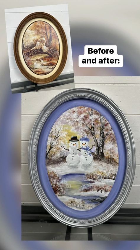 Thifted snowman painting trend! 🎨☃️ Find a cheap thrift store painting and turn it into a winter wonderland! #diyideas #snowman #snowmen #craftingfun #thiftedsnowman #acrylicpainting #easycrafts #recycled #trends #thriftstorefinds | Emily Seilhamer Art | Emily Seilhamer Art · Original audio Christmas Thrift Store Painting, Diy Snowman Painting, Thrifted Christmas Painting, Thrift Store Painting Upcycle Christmas, Thrift Store Christmas Painting, Thrift Art Upcycle, Snowman Painting Ideas, Halloween Thrift Store Painting, Thrift Store Painting Upcycle