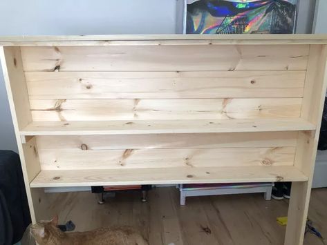 My Tongue and Groove Bookcase Headboard | Hometalk Bedroom Dresser Ideas, Diy Storage Headboard, Headboard Plan, Build A Headboard, Diy Wood Headboard, Headboard Diy, Simple Bed Frame, Bookshelf Headboard, Simple Headboard