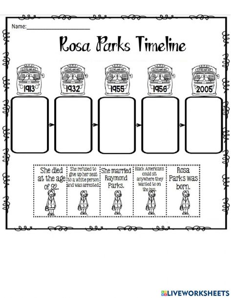 Rosa Parks Worksheets, Rosa Parks Timeline, Rosa Parks For Kids, Rosa Parks Activities, Garrett Morgan, Timeline Worksheet, Worksheets For 2nd Grade, Worksheets 2nd Grade, Regular And Irregular Verbs