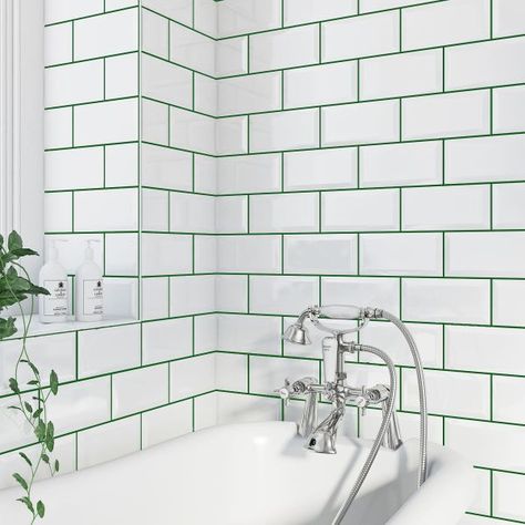 White Tile Bathroom Walls, Metro Tiles Bathroom, Bathroom Wall Tiles Design, White Brick Tiles, Metro White, Grey Grout, White Bathroom Tiles, Wall Tiles Design, Metro Tiles