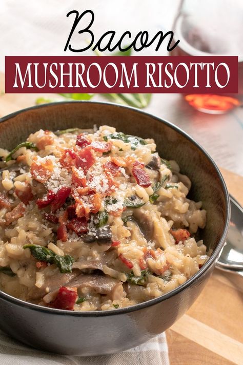 one pot bacon mushroom risotto in a bowl. Bacon And Mushroom Risotto, Bacon Mushroom, Mushroom Risotto Recipes, Rustic Recipes, Bacon Stuffed Mushrooms, Risotto Recipe, Mushroom Risotto, Risotto Recipes, Fool Proof