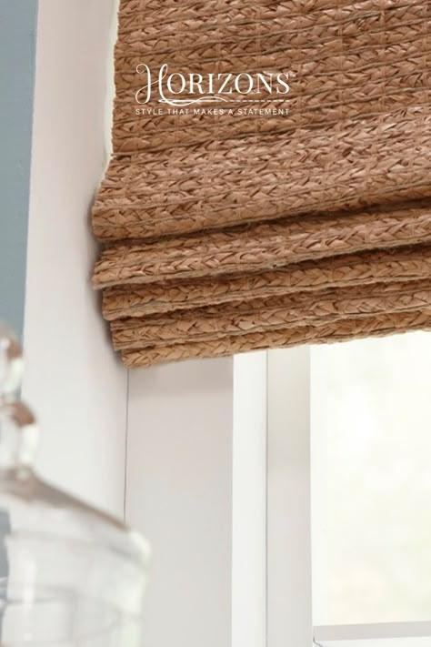 Up close and personal with these textured Natural Woven Shades. Seize the detail with free Horizons shade swatches. 📷 @indigohomeandlife on Instagram Jute Shades Window Treatments, Grass Roman Shades, Spanish Colonial Window Treatments, Jute Roman Shades, Natural Woven Shades Living Room, Cordless Woven Shades, Natural Woven Roman Shades, Wicker Blinds Bamboo Shades, Natural Woven Blinds