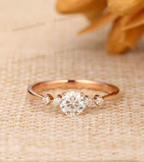 Dainty Ring Set, Small Hands Engagement Ring, Simple Wedding And Engagement Rings, Round Engagement Ring Small, Gold Wedding Rings Round Diamonds, Cute Dainty Wedding Rings, Moissanite Promise Ring, Dainty Wedding Rings Engagement, Simple 3 Stone Engagement Rings