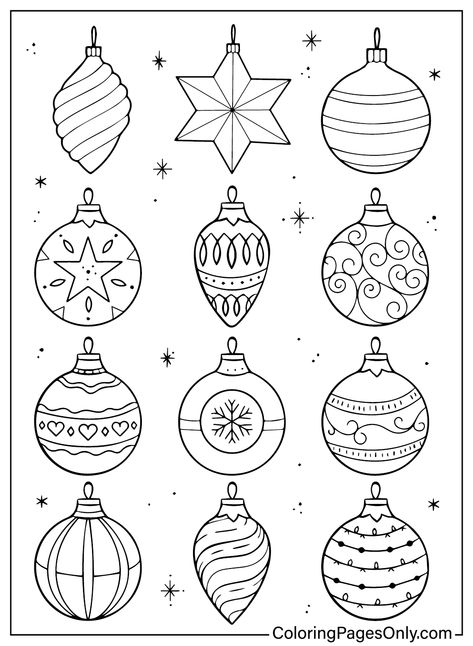 Christmas Drawing Ornaments, Ornaments Drawing Christmas, Ornament Drawing Easy, Drawing Christmas Ornaments, Christmas Themed Coloring Pages, Christmas Bulb Coloring Page, Christmas Tree Coloring Sheet, Christmas Baubles Drawing, Christmas Bauble Drawing