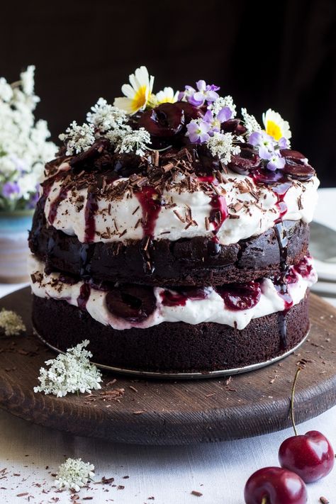 Vegan black forest cake Vegan Black Forest, Black Forest Cake Recipe, Black Forest Gateau, Lazy Cat Kitchen, Cat Kitchen, Vegan Cake Recipes, Black Forest Cake, Forest Cake, Moist Chocolate Cake