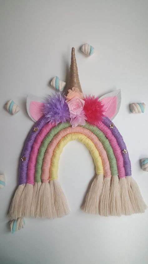 Macrame Unicorn, Unicorn Wall Hanging, Macrame Baby, Magical Decor, Baby Diy Projects, Boho Crafts Diy, Rainbow Macrame, Macrame Wall Hanging Diy, Unicorn Wall