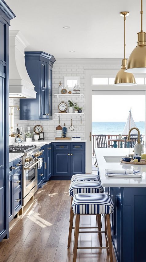 Coastal Kitchen Designs Coastal Kitchen Ideas Hampton Style Blue And White, Nautical Kitchen Coastal Style, Nantucket Style Kitchen, White And Navy Kitchen, Bermuda House, Nantucket Kitchen, White Coastal Kitchen, Nantucket Aesthetic, Blue White Kitchens