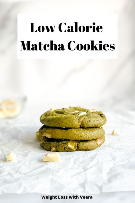 These low calorie matcha cookies have a soft center with a delicious crispy edge. These cookies are perfect for matcha lovers on a weight loss journey! #lowcalorie #weightloss #lowcaloriecookies #matcha #matchacookies #healthycookies #healthyrecipes #recipe Low Calorie Matcha, Matcha Recipe Baking, Matcha Cookies Recipe, Matcha Snacks, Matcha Oatmeal, Matcha Baking, Low Calorie Cookies, Low Calorie Baking, Baking Recipes Healthy