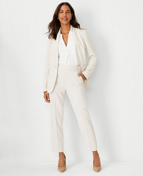 Olivia's Picks | Ann Taylor Women’s Suits For Wedding Guest, White Pinstripe Suit Women, Tailored Jackets For Women, Collarless Blazer Women, Women’s Work Suits, White Blazer Wedding Outfit, Power Business Woman Style, Interview Suit Women, Women’s Pant Suits