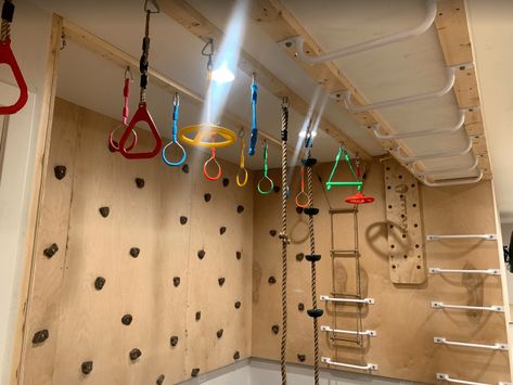 Kids Ninja Course Basement, Ninja Warrior Course For Kids Basement, Parkour Bedroom Ideas, Ninja Course Basement, Ninja Warrior Basement, Swings In Basement, Kids Ninja Warrior Course Backyards, Basement Ninja Course, Backyard Ninja Warrior Course For Kids