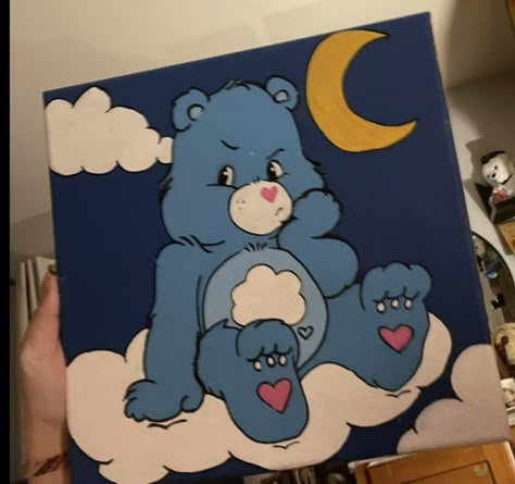 Heart carebear clouds moon cute paintings acrylic paint drawing Grumpy Care Bear Painting, Painting Ideas Easy Simple Cartoon, Grumpy Bear Drawing, Disney Room Art, Grumpy Bear Painting, Care Bears Drawing Easy, Grumpy Care Bear Drawing, Carebears Painting Ideas, Care Bears Painting Canvas