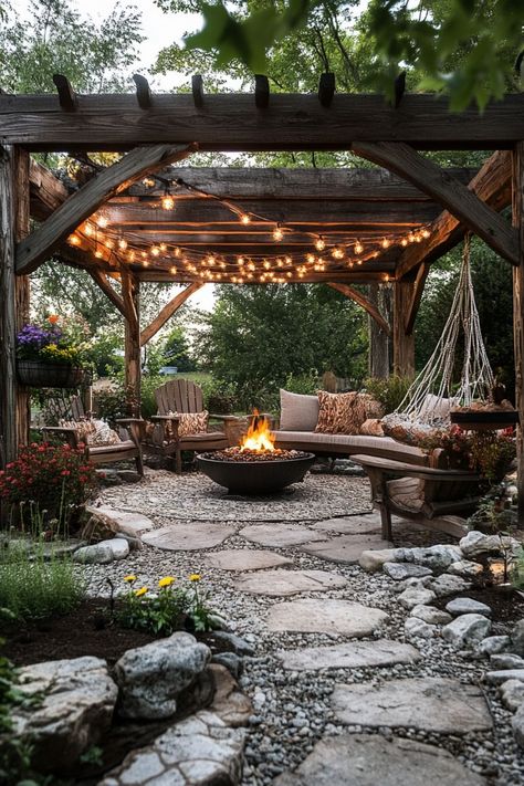 Backyard Garden Oasis Landscaping Ideas, Outdoor Home Inspiration, Farmhouse Firepits Backyard Ideas, Small Backyard Oasis On A Budget Cozy, Diy Fire Pit Patio Cheap, Backyard Country Ideas, Back Patio Entertainment Area, Fire Pit With Pergola Ideas Backyard, Outdoor Peaceful Space