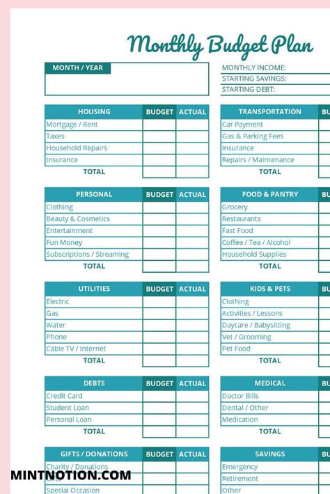 Monthly budget printable templates. Use this fun printable to help you plan ahead and create a budget. Reach your financial goals faster with this Budget planner printables workbook. It can help you get out of debt, save more money, organize your finances, and never miss another bill payment. Click through to get your copy today. Budget templates. Budget binder. #budgetplanner Personal Monthly Budget Template, Monthly Financial Planner, Financial Templates, Financial Planning Printables, Monthly Budget Planning, Printable Budget Planner, Budget Binder Printables, Monthly Budget Printable, Budget Plan