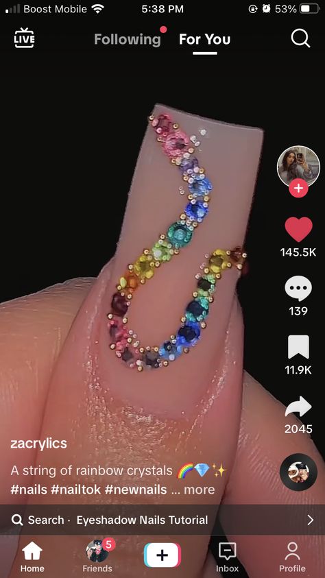 Rainbow Diamond Nails, Nail Gemstone Designs, Rhinestone Nail Designs Simple, Spring Rhinestone Nails, Rainbow Crystal Nails, Rainbow Nails With Rhinestones, Nail Gems Ideas, Nail Designs With Gems Rhinestones, Rainbow Gem Nails