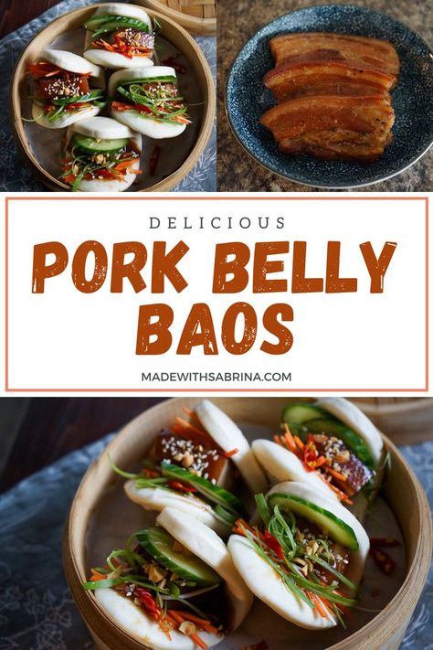 Sweet, savory pork belly topped with crunchy vegetables, encompassed in a pillowy steamed bao bun. Pork Belly Buns, Asian Pork Belly, Steamed Bao Buns, Pork Belly Bao, Steamed Bao, Gua Bao, Recipe For Pork, Street Food Market, Asian Pork