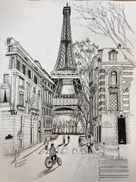 Paris Architecture Drawing, Eiffel Tower Drawing Sketches, Paris Sketch Pencil, Paris Pencil Drawing, Paris Street Drawing, Paris Drawing Sketches, Paris Draw, Drawing Of The Eiffel Tower, Drawing Paris