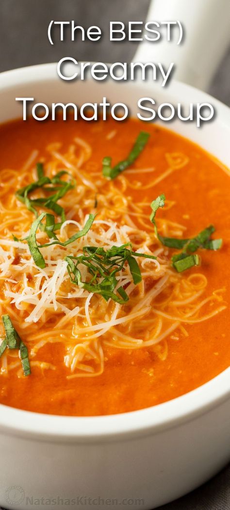 Our go-to creamy tomato soup recipe. Adding parmesan and heavy cream makes it so satisfying and balances the acidity. It’s also a quick and easy 30-minute soup that keeps well in the fridge. We love this Tomato Basil Soup paired with grilled cheese sandwiches. Best Homemade Tomato Soup, Simple Tomato Soup, Creamy Tomato Soup Recipe, Easy Tomato Soup Recipe, Basil Soup Recipe, Homemade Tomato Soup Recipe, Best Tomato Soup, Homemade Tomato Soup, Creamy Tomato Basil Soup