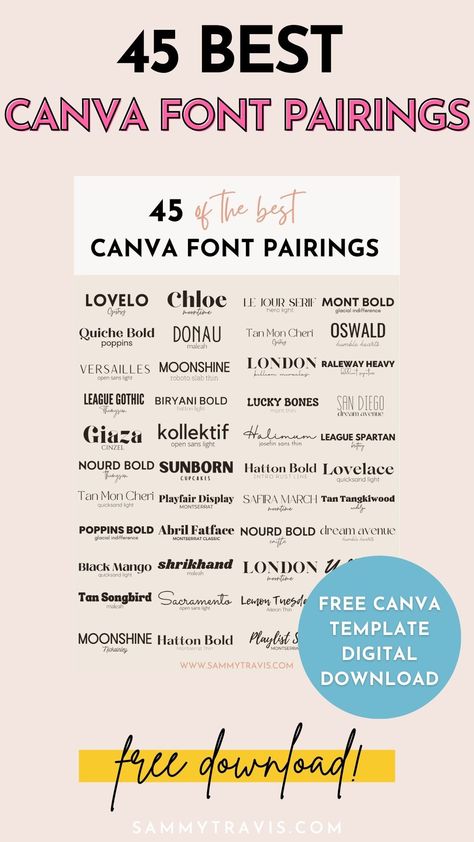 Where do you find the best font pairings in Canva? Read this for the best free fonts on Canva and the best Canva font combinations! Check out these best Canva font pairings! Use this list of the 45 best FREE Canva font pairings. These are the best 45 font pairings on Canva and the best Canva fonts. Download this free Canva template of the best free Canva combinations. Save this post to remember all of the best free fonts on Canva and the best Canva font pairings with free fonts. Best Font Pairings, Best Canva Font Pairings, Canva Font Combinations, Lato Font, Best Fonts For Logos, Romantic Script Fonts, Best Sans Serif Fonts, Top Free Fonts, Best Serif Fonts