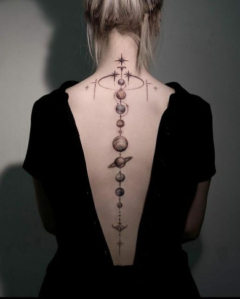 Planets Tattoo, Astronomy Tattoo, Solar System Tattoo, Astrology Tattoo, Tattoo Back, Planet Tattoos, Spine Tattoos For Women, Tatuaje A Color, Spine Tattoo