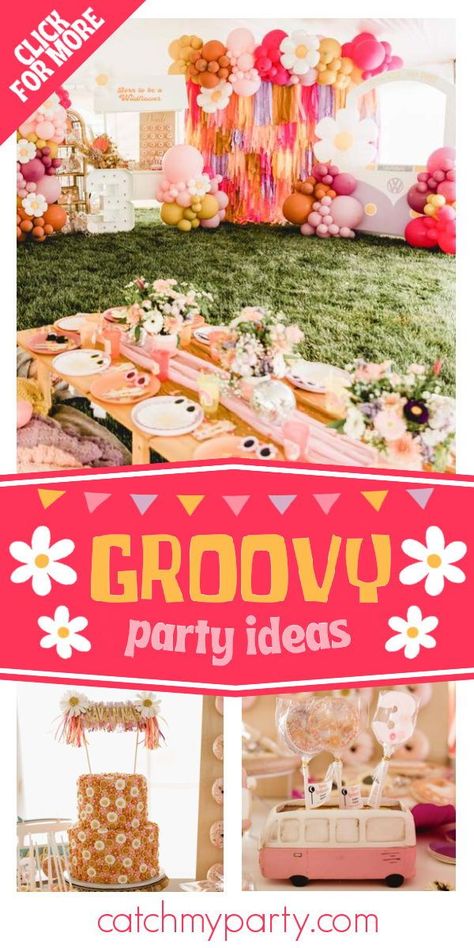 Groovy 70s Party, Groovy Birthday Party Ideas, Groovy Party Ideas, Scholastic Book Fair Ideas, Kids Picnic Parties, 27th Birthday Ideas, Four Ever Groovy, 9th Birthday Party Ideas, Peace Out Single Digits