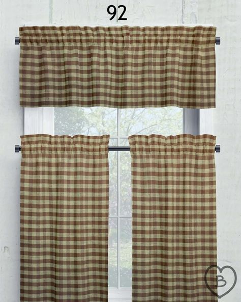 Brown Check Homespun Valances Cafe Curtains pattern 92 https://betsieriverhomespun.com/products/curtains-h92?utm_source=social_schedular&utm_medium=social&utm_campaign=Curtains+Auto+post+created+on+7%2F8%2F2024&utm_campaign_id=clydgmju01qqgx3tnrzenp9uh&utm_content=post Enhance your home with our handcrafted Brown and Tan Homespun Plaid Valances and Cafe Curtains. These are made with a country-style check that will add rustic, farmhouse charm to your home decor. These beautiful curtains add w... Curtains Pattern, Primitive Curtains, Tan House, Rustic Primitive Decor, Farmhouse Window Treatments, Brown House, Windowpane Plaid, Farmhouse Curtains, Country Style Kitchen