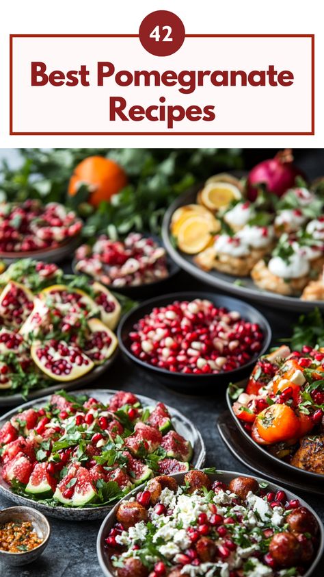 Assorted pomegranate dishes including salads and desserts, showcasing vibrant and delicious recipes from the best pomegranate recipes collection. Fall Pomegranate Recipes, Appetizers With Pomegranate Seeds, Pomegranate Salsa Recipes, Meals With Pomegranate, Recipes Using Pomegranate Seeds, Pomagranet Recipe Dessert, Pomegranate Appetizers, Pomegranate Tablescape, Pomegranate Pie Recipes