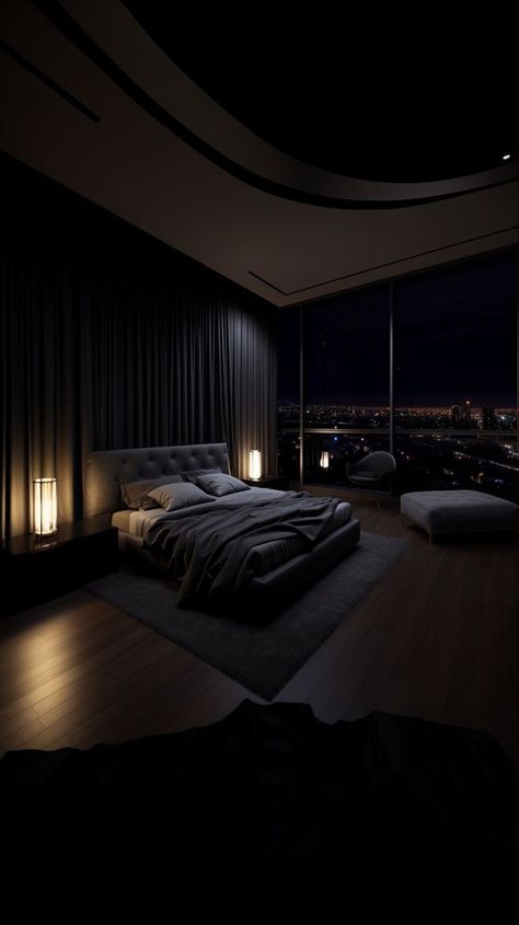 Black Luxury House, Bedroom Aesthetic Dark, Dark Bedroom Aesthetic, Dark Blue Bedrooms, Black Bedroom Decor, Dark Bedroom, Dream Apartment Decor, Black Shades, Dream House Rooms