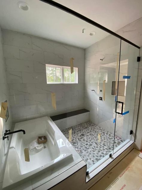 Large Shower With Bathtub Inside, 2 Person Soaker Tub Master Bath, Alcove Tub Wet Room, Wet Room Bathroom Drop In Tub, Shower With Built In Tub, Shower With A Bathtub In It, Wet Room With Jacuzzi Tub, Built In Tub In Shower Area, Shared Tub And Shower Space