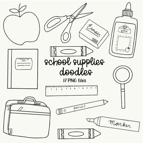 How To Draw School Supplies, Cute School Supplies Drawings, School Supplies Drawing Easy, Doodle About School, School Supplies Coloring Pages, School Bag Doodle, School Supplies Drawing, Cartoon School Supplies, Doodles School