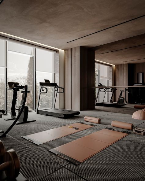 MODERN GYM :: Behance Private Gym Design Interior, Contemporary Gym Design, Gym In Bedroom, Moody Gym, Modern Gym Interior Design, Black Home Gym, Gym Room Design, Yoga Studio Design Interiors, Boutique Gym Design