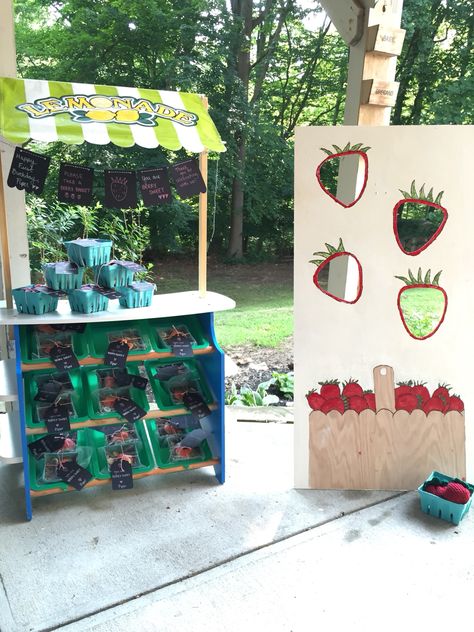 Strawberry Farmers Market party was a hit! Favors on the lemonade stand and bean bag game with crocheted strawberry bean bags Kids Farmers Market, Bean Bag Game, Crocheted Strawberry, Farmers Market Birthday Party, Farmers Market Party, Nashville Farmers Market, Farmers Market Stand, Farmers Market Booth, Farmers Market Display