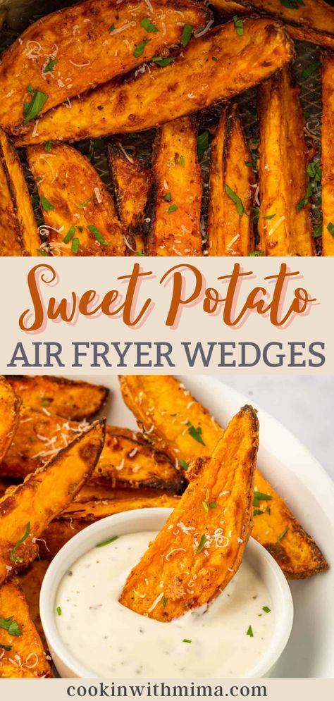 These Sweet Potato Air Fryer Wedges are perfectly seasoned and absolutely delicious! Making this entire recipe takes just about 30 minutes and the flavor is mind-blowing. You’ll love every single bite. Serve these sweet potato wedges as a delicious side to any meal or as a snack on their own! Air Fryer Sweet Potato Wedges, Crispy Sweet Potato Wedges, Hosting Recipes, Potato Wedges Recipe, Wedges Recipe, Crispy Sweet Potato, Sweet Potato Wedges, Cooking Sweet Potatoes, Amazing Appetizers