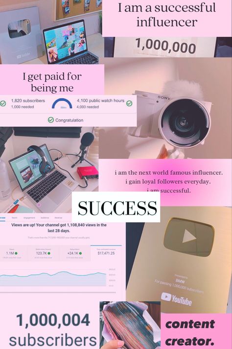 Influence Vision Board, Vlogging Vision Board, 2024 Vision Board Youtube, Aesthetic Korean Youtubers, Approved Vision Board, Social Media Followers Vision Board, Vision Board Business Success, Manifesting Youtube Channel, Blogger Vision Board