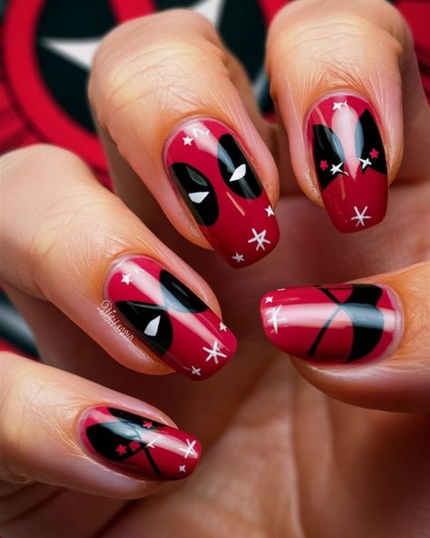 Wade Wilson’s Whimsical Nails: A Deadpool-Inspired Manicure! 💥🔴⚫️ Channeling my favorite anti-hero with this fun and cheeky Deadpool-inspired manicure! Featuring bold red and black colors with playful splashes of white, each nail showcases iconic elements like Deadpool's mask, crossed katanas, and even a few witty catchphrases. Perfect for those who love a little mischief in their style! Ready to break some nail art boundaries? 🦸‍♂️💅 #deadpoolnails #comicbookchic #nailart #nails #deadpool #in... Deadpool Inspired Nails, Marvel Inspired Nails, Marvel Nails Designs, Cosplay Claws, Deadpool Nails, Whimsical Nails, Marvel Nails, Pool Nails, Spiderman Sketches