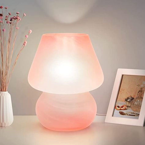 ONEWISH Mushroom Lamp Small Vintage Table Lamp for Bedroom Nightstand, Bedside Lamp Translucent Glass Stepless Dimmable, Murano Aesthetic Home Decor for Living Room Kitchen Mother's Day Gift(Black) - - Amazon.com Small Nightstand Lamps, Glass Bedside Lamps, Night Stand Lamp, Lamp Cute, Cute Table, Pink Lamp, Small Nightstand, Mushroom Table Lamp, Mushroom Lights