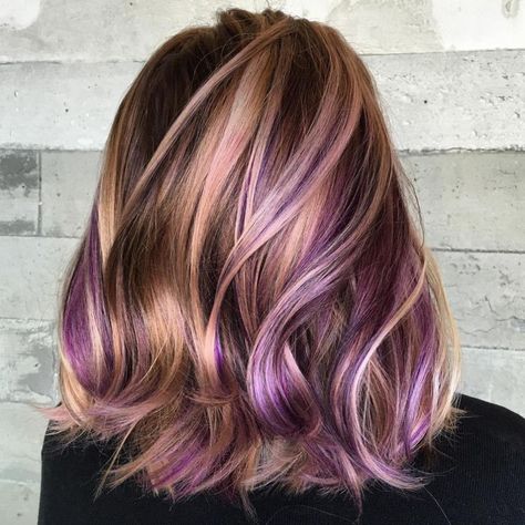 Brown Hair With Caramel And Purple Highlights Cool Hair Color Ideas For Short Hair, Biolage Hair Color, Dark Purple Hair Color, Biolage Hair, Winter Hair Color Trends, Purple Hair Highlights, Highlight Ideas, Peekaboo Highlights, Dark Purple Hair