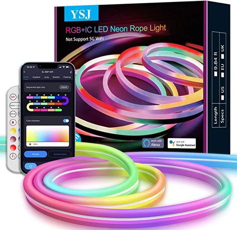 Amazon.com: YSJ Neon Rope Light, RGB+IC Neon LED Strip with App Control and Remote, Works with Alexa, Google Assistant, Music Sync, DIY LED Rope Lights, 10ft Neon Lights for Bedroom Gaming Room Wall Decor Party : Tools & Home Improvement Neon Rope, App Control, Led Strip, Neon, Led