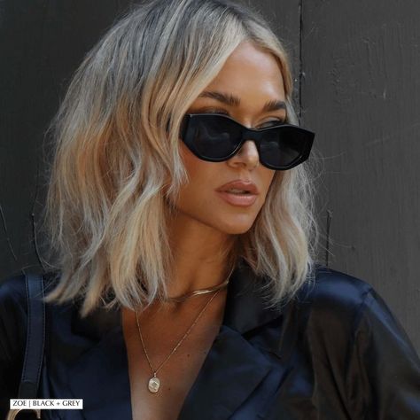 Emily Shak Hair, Sienna Miller Short Hair, Angled Bob, Grey Sunglasses, Diff Eyewear, Blonde Hair Looks, Blonde Bobs, Brown Gradient, Short Blonde Hair