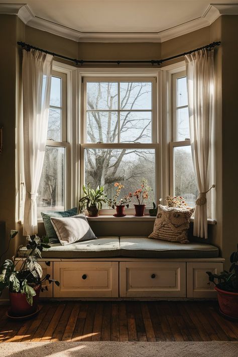 #homedecor, #interior design, #homedesign, #decorinspiration Bay Window Ideas Seating, Curtains For A Small Window, Curtains Bay Window Seat, Sitting Area Under Window, Curtain Bay Window Living Room, Blinds And Curtains Bay Window, Three Bay Window Curtain Ideas, Bay Window Room Ideas Bedrooms, Bay Window Cottage