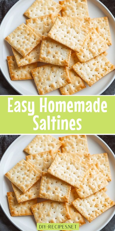 Craving crunchy saltine crackers? This easy homemade recipe uses basic pantry ingredients like flour, yeast, and butter for a deliciously crispy result. Try it today! Homemade Saltine Cracker Recipes, How To Make Saltine Crackers, Crackers Recipe Appetizers, Homemade Oyster Crackers, Butter Crackers Recipe, How To Make Crackers Homemade, Home Made Crackers Recipes, Easy Cracker Recipe, Saltiness Cracker Recipes