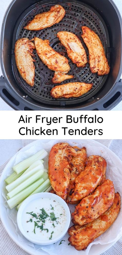 buffalo chicken tenders in the air fryer basket and served on a plate with pin title in the middle Buffalo Tenders Air Fryer, Buffalo Chicken Tenderloin Recipes, Buffalo Chicken In Air Fryer, Buffalo Chicken Tenderloins, Grilled Buffalo Chicken Tenders, Healthy Buffalo Chicken Tenders, Buffalo Chicken Air Fryer Recipes, Buffalo Chicken Wings In Air Fryer, Boneless Wings Air Fryer