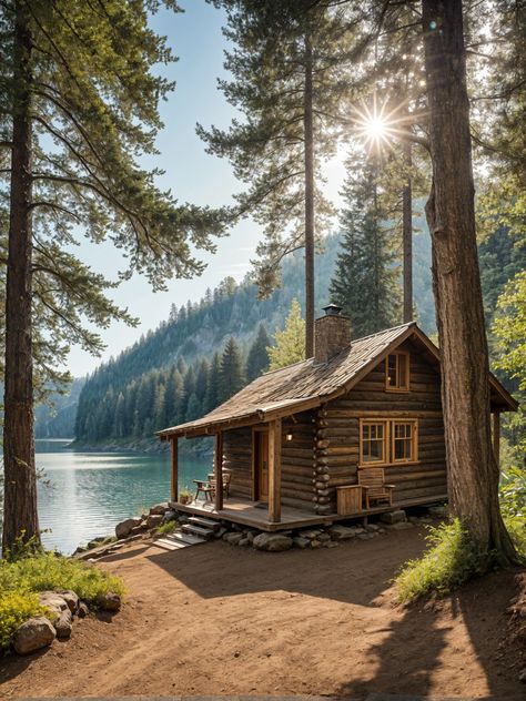 Sunlit Forest Hideaway 🌲🏠 Log Cabin Photography, Sunlit Forest, Tiny Log Cabins, Colorado Cabins, Timber Cabin, Little Cabin In The Woods, Summer Cabin, Cabin Aesthetic, Cabin In The Mountains