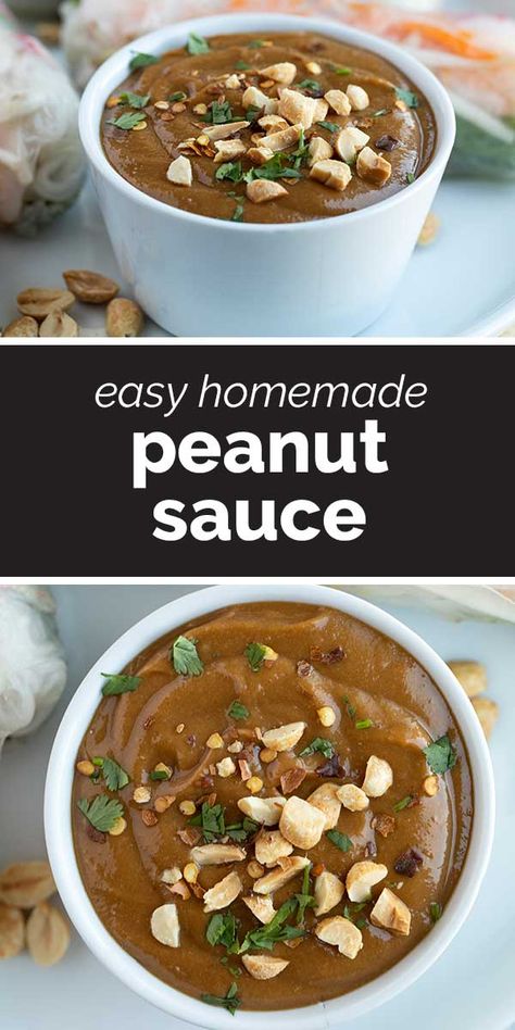 The perfect Peanut Sauce is only 10 minutes away! This sauce is so simple to make, yet so complex in flavor. It’s perfect for dipping or for dressing a salad or noodles. Pad Thai Peanut Sauce, Sauce For Spring Rolls, Thai Peanut Dressing, Lettuce Wrap Sauce, Spring Roll Sauce, Easy Peanut Sauce, Homemade Peanut Sauce, Teriyaki Sauce Recipe, Thai Chicken Salad