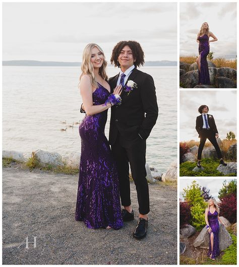 Prom Dresses With Matching Suit, Purple Prom Dress And Suit, Dark Purple Hoco Couple, Makeup To Match Purple Dress, Purple Prom Tux, Purple Prom Outfits, Dark Purple Prom Dress Couple, Purple And Black Prom Couple, Cotillion Outfits