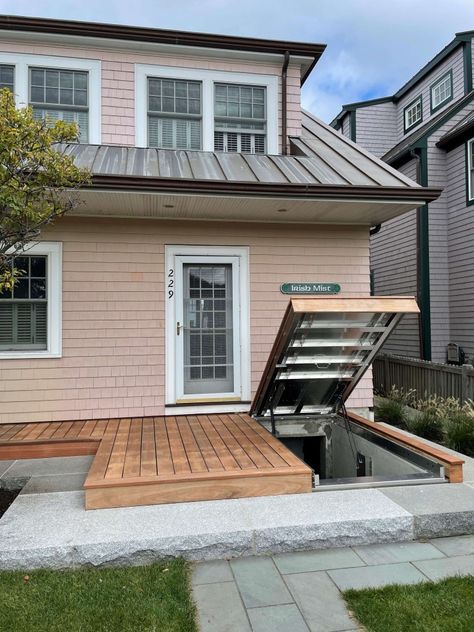 Deck Over Cellar Door, Deck Around Bulkhead, Cellar Entrance Outdoor, Bulkhead Basement Door Ideas, Outside Basement Door Ideas, Basement Garage Exterior, Cellar Hatch Door, Bulkhead Cellar Door Ideas, Cellar Doors Basement