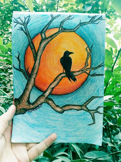 Pencil colors drawing  Sunset ,hope,tree Pencil Colours Art Drawings, Colored Pencil Artwork Ideas, Quotes Illustration, Drawing Sunset, Oil Pastel Drawings Easy, Color Pencil Sketch, Crayon Drawings, Easy Love Drawings, Bird Drawing