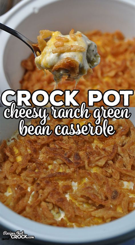 This Crock Pot Cheesy Ranch Green Bean Casserole is a simple recipe that even people that don't like regular green bean casserole will love! Ranch Green Bean Casserole, Hamburger Dip, Ranch Green Beans, Cheesy Green Beans, Crockpot Green Beans, Green Bean Casserole Crock Pot, Cheesy Green Bean Casserole, Green Bean Casserole Easy, Cheesy Ranch