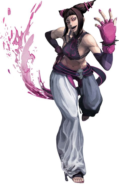 Juri: Purple spider top with pink detail, white shorts, belt matches top, purple or pink wrist bands, hair "horns" with pink bands Juri Street Fighter, Street Fighter Tekken, Street Fighter 4, Street Fighter Game, Juri Han, Street Fighter 5, Super Street Fighter, Tae Kwon Do, Street Fighter Characters